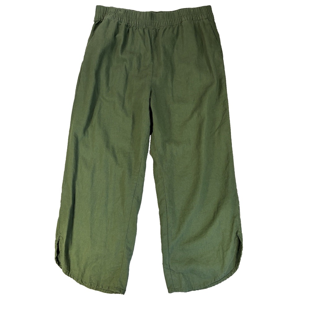 Dip Linen Blend Cropped Pants XL Olive Green Wide Leg Coastal Boho Relaxed Crop